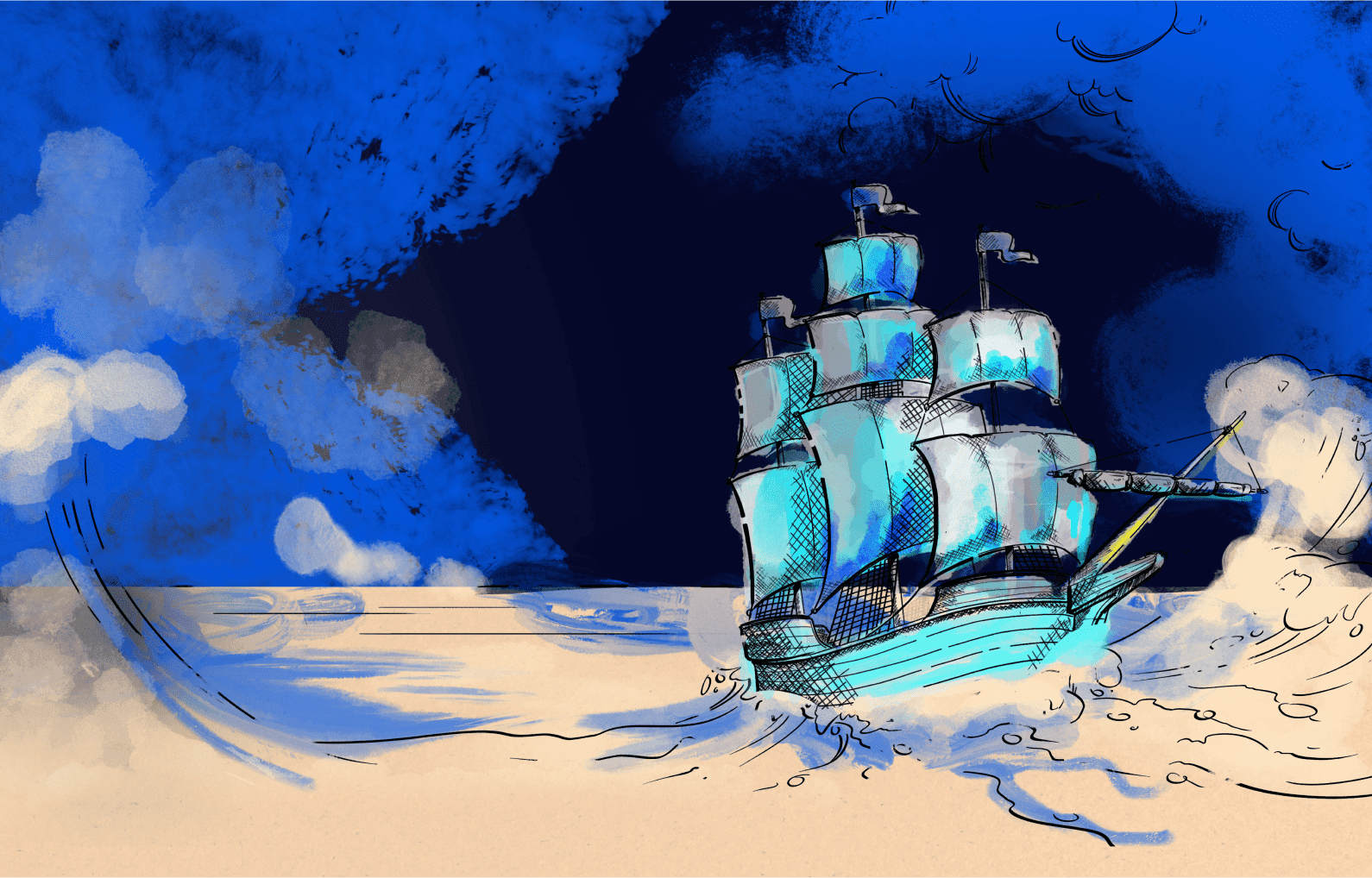 An engraved galleon with luminous aqua sails